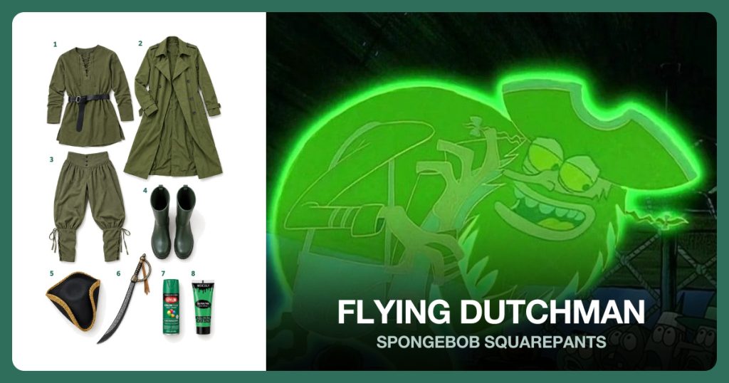 Green Medieval Tunic, Green Long Coat, Green Medieval Pants and Green Boots beside Flying Dutchman
