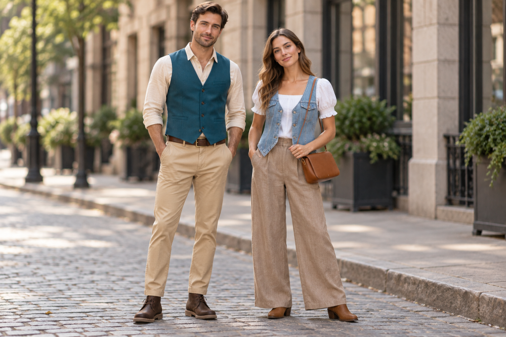 An adult man in a beige shirt, teal waistcoat and tan chinos stands beside an adult woman in a white puff-sleeve blouse, denim vest and wide tan trousers.