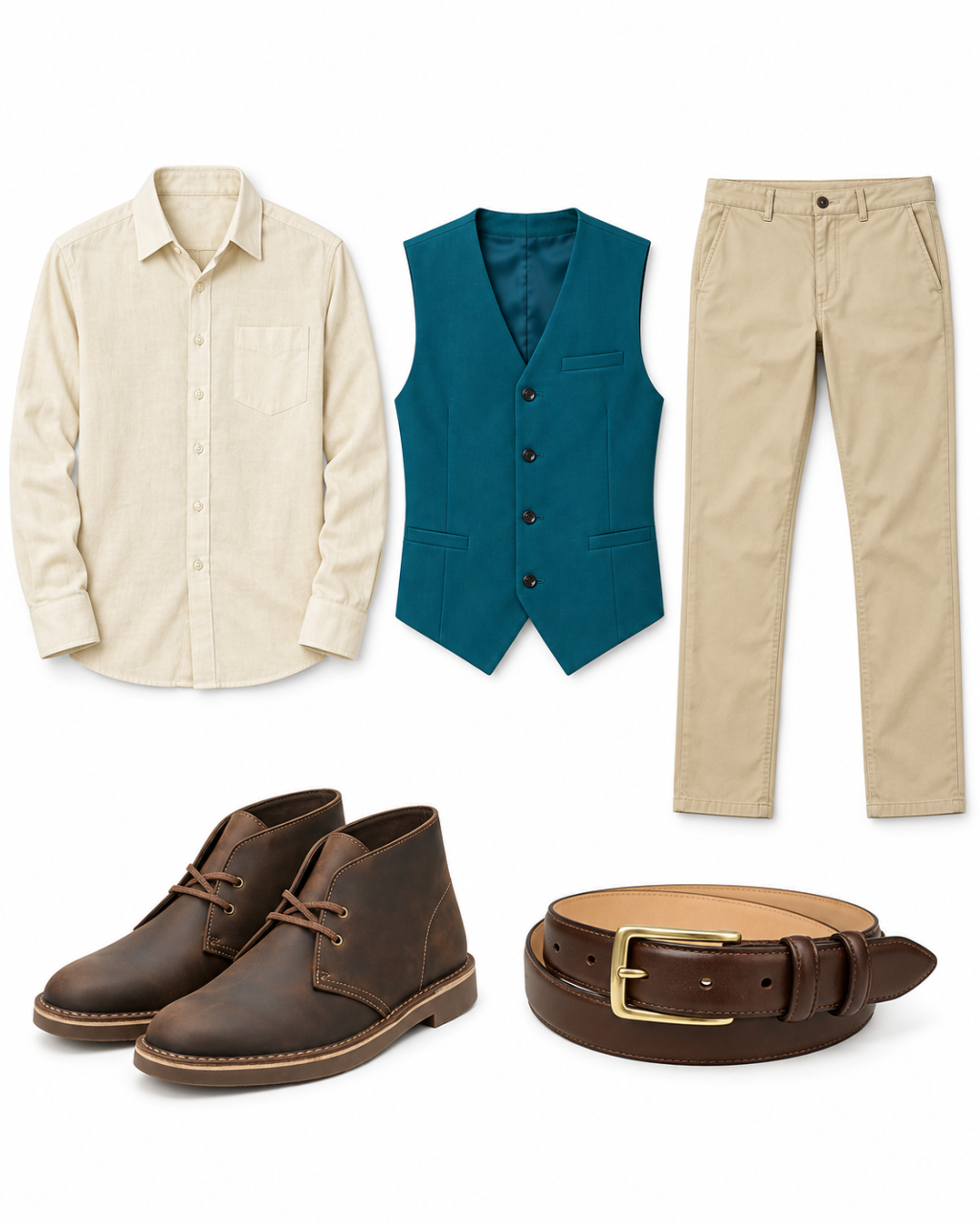 Pale beige linen-cotton button-down shirt, deep teal waistcoat, tan chinos, brown leather chukka boots and brown belt arranged on white.