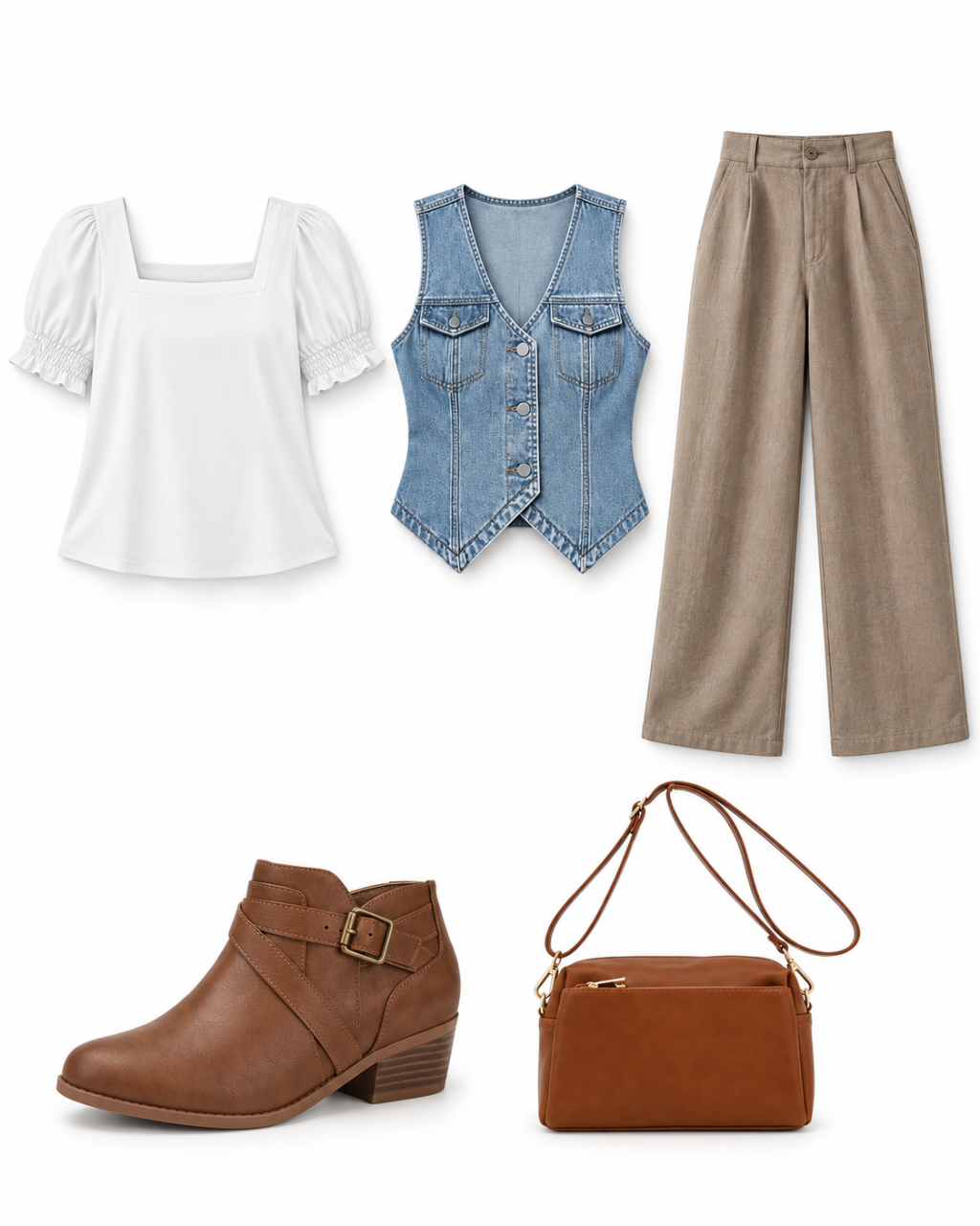 White square-neck puff-sleeve blouse, light-blue sleeveless denim vest, wide-leg light-tan trousers, brown ankle boots and saddle-brown crossbody bag arranged on white.