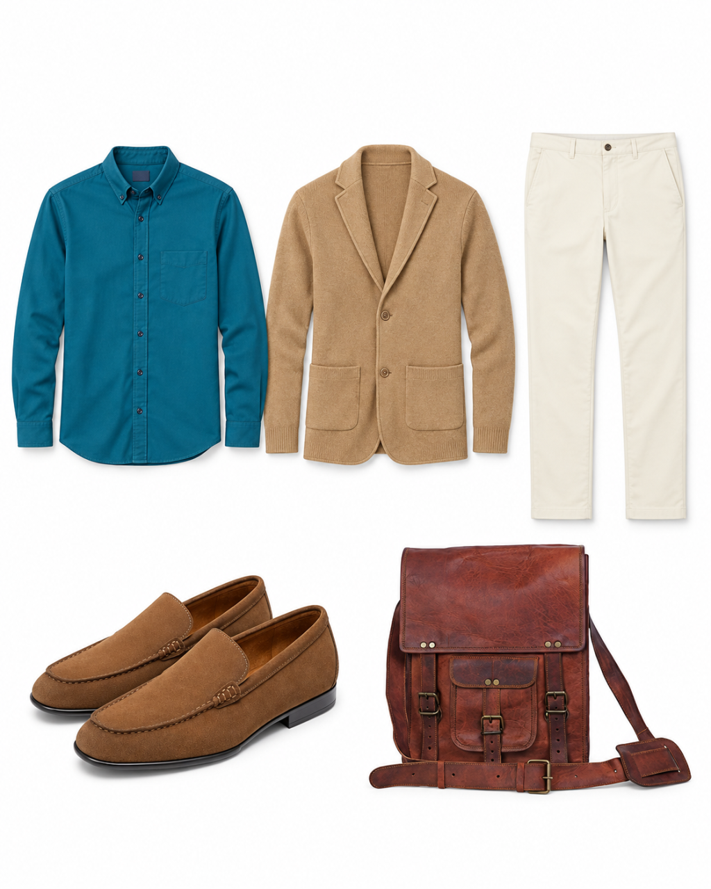 Teal Oxford shirt, camel shawl-collar cardigan, stone chinos, brown suede loafers and brown leather satchel arranged on white.
