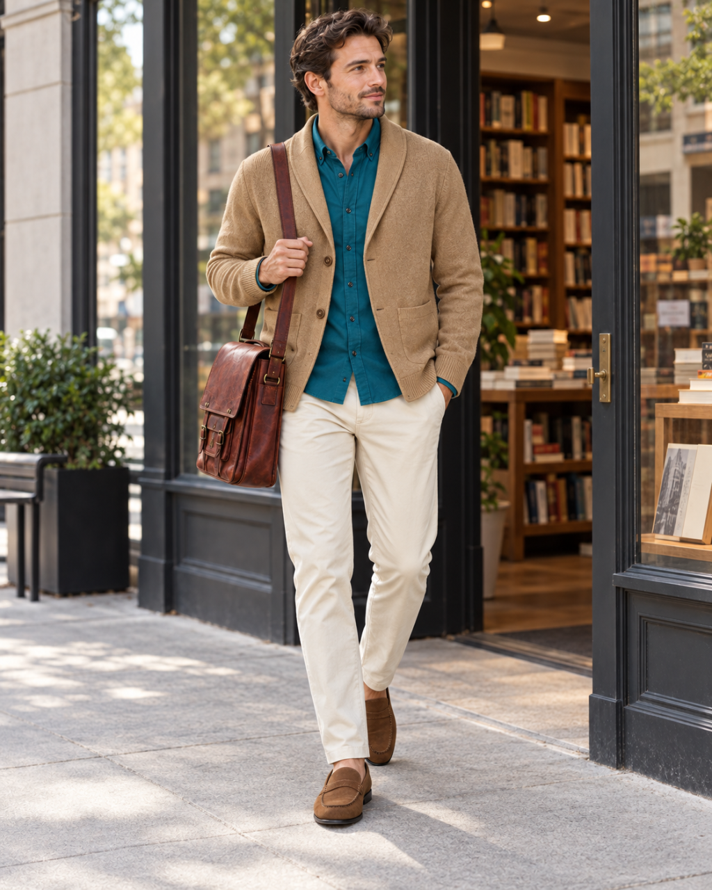An adult man wears a teal Oxford shirt beneath a camel cardigan with stone chinos and brown suede loafers.