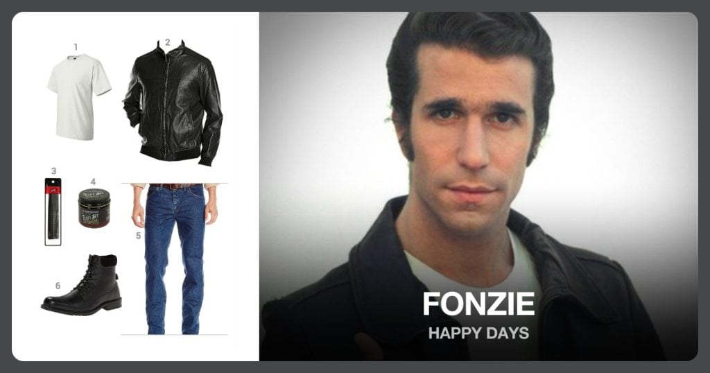 Short Sleeve White T-Shirt, Faux-Leather Bomber Jacket, Classic Comb and Teddy Boy Styling Pomade beside Fonzie