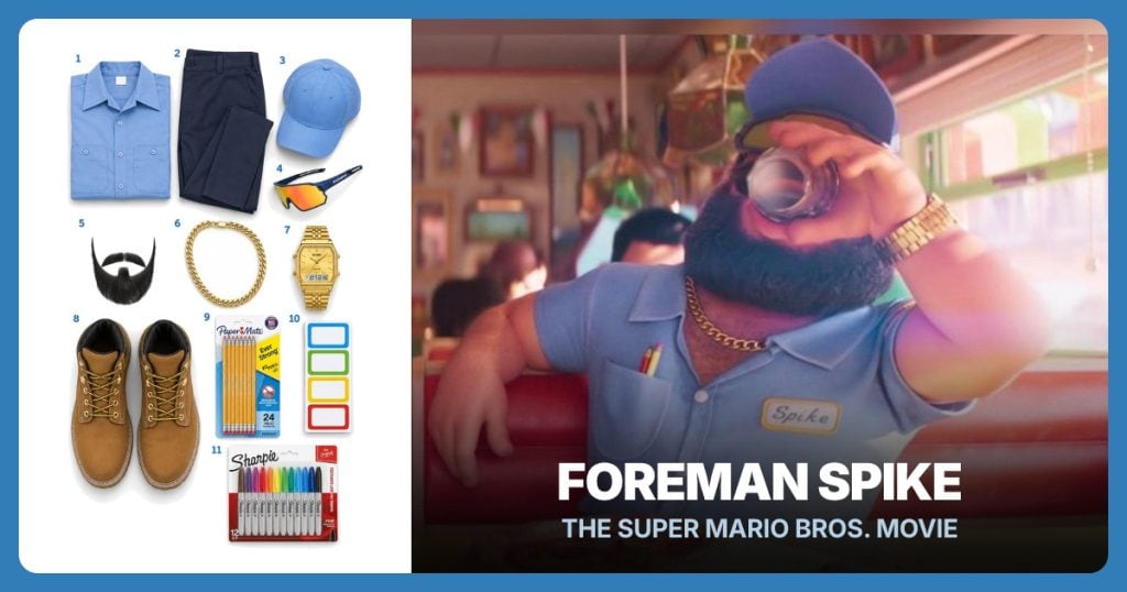 Light Blue Work Shirt, Dark Navy Work Trousers, Sky Blue Baseball Cap and Amber-Lens Wrap Sunglasses beside Foreman Spike