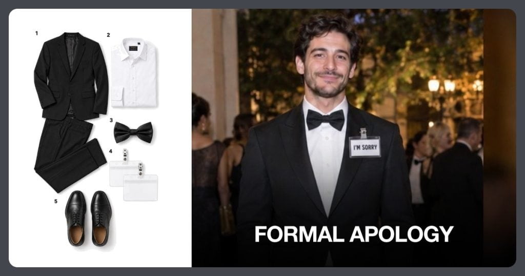 Black Two-Piece Suit, White Formal Dress Shirt, Black Bow Tie and Clear Name Badge Holder beside Formal Apology