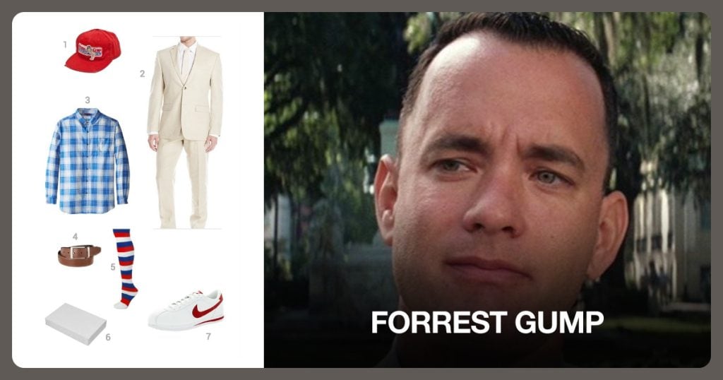 Distressed Red Cap, Two Button Suit with Flat Front Pant and Pattern Long Sleeve Shirt beside Forrest Gump