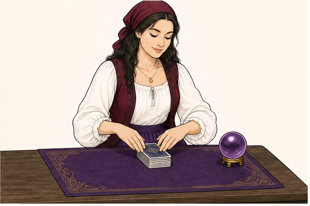 Arrange card deck and small sphere prop