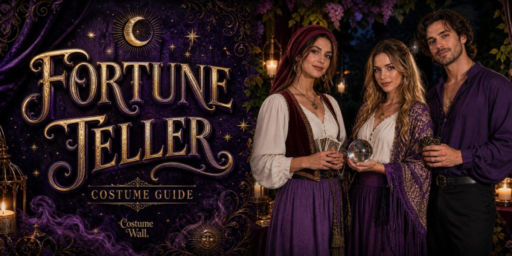 Purple Flowy Maxi Skirt, White Renaissance Peasant Shirt and Burgundy Double-Breasted Waistcoat beside Fortune Teller