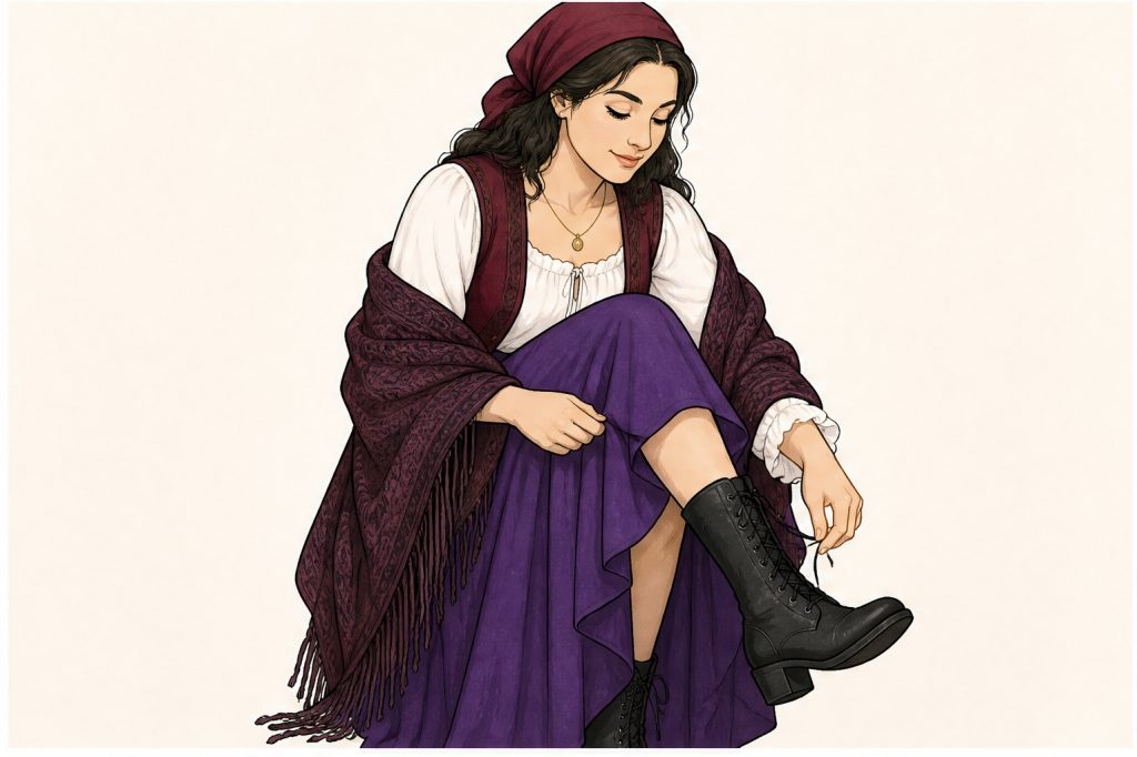 Put on black boots and drape shawl