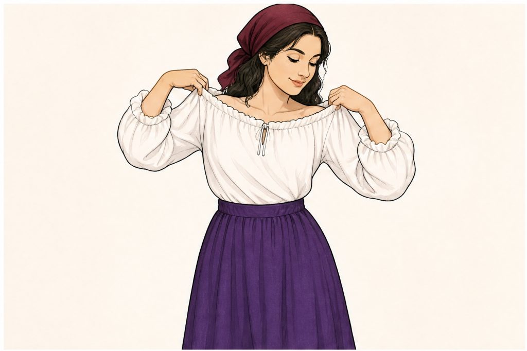 Put on blouse and long purple skirt
