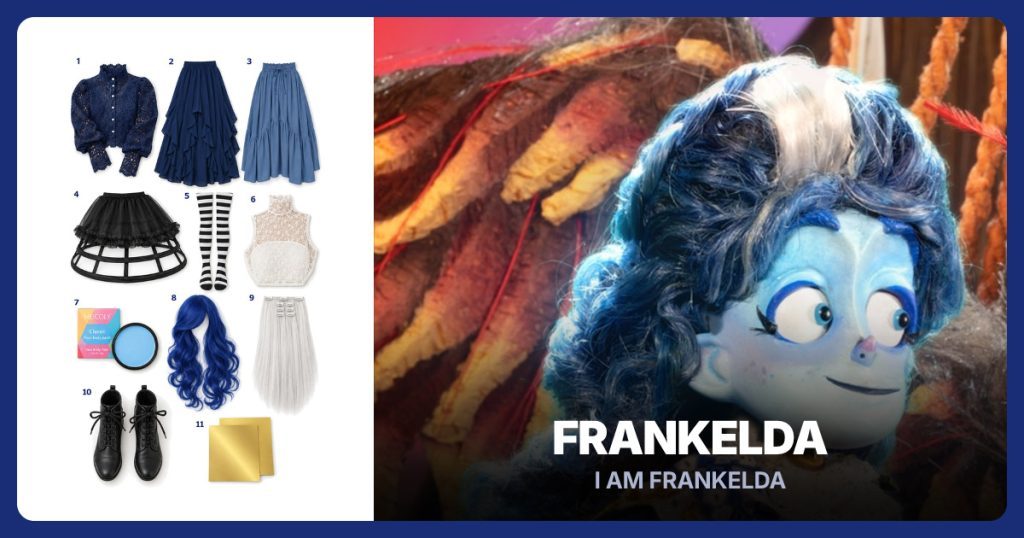Blue Lace Blouse, Navy Ruffle Skirt, Blue Under Skirt and Black Hoop Petticoat beside Frankelda