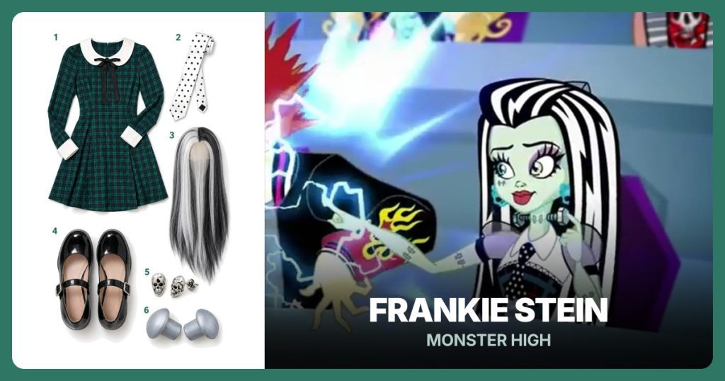 Green Plaid Mini Dress, Black Polka Dot Tie, Black and White Long Wig and Black Platform Mary Janes beside Frankie Stein