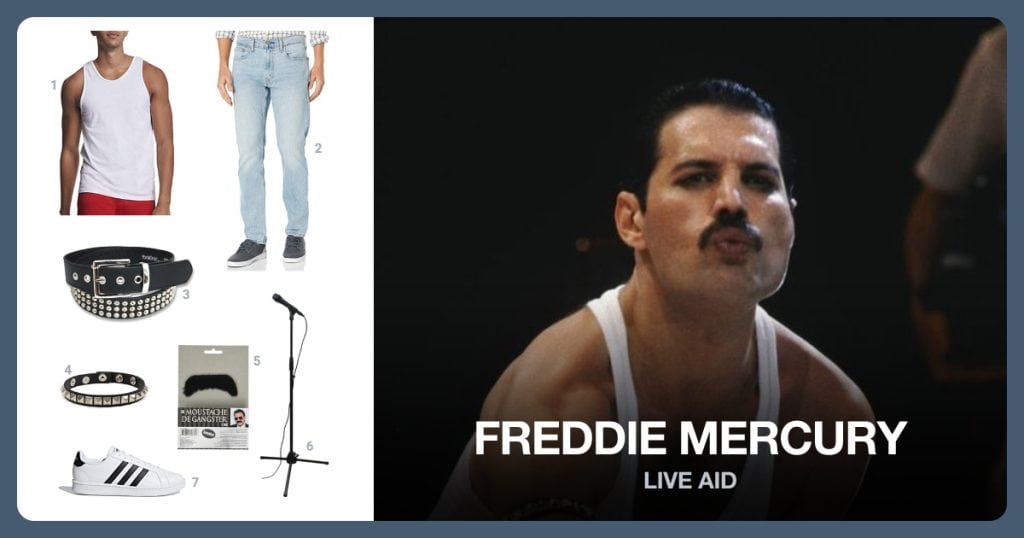 White Tank Top, Light Washed Jeans, Black Studded Belt and Studded Armband beside Freddie Mercury