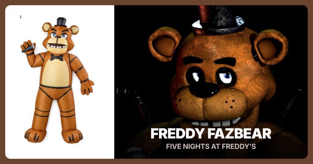 Adult Freddy Inflatable Costume beside Freddy Fazbear