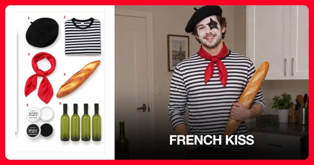Wool French Beret, Casual Novelty Striped Shirt, Red Neck Scarf and Fake Baguette beside French Kiss