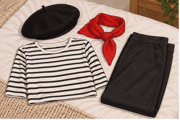 French Kiss base outfit with striped shirt, red scarf and beret