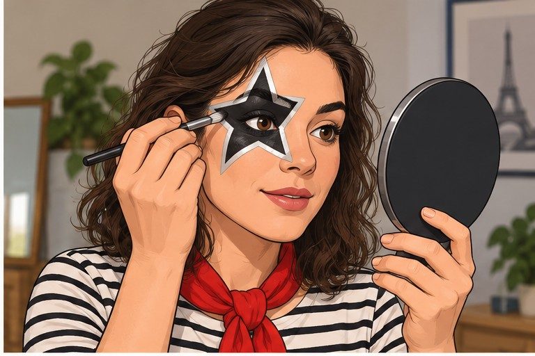 Applying a cosmetic black-and-white star over one eye