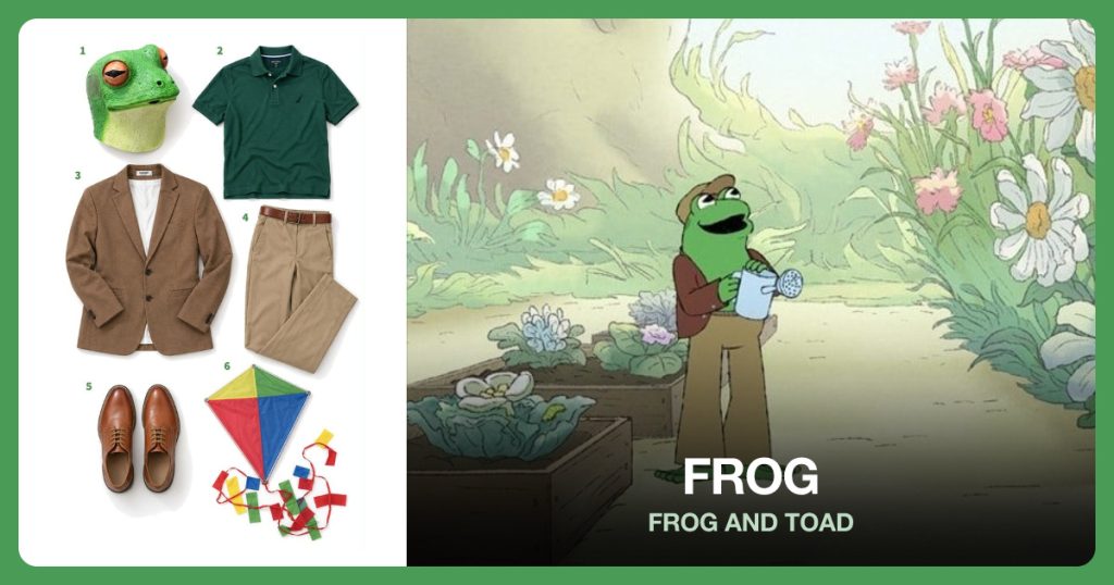 Full Head Frog Mask, Green Collared Polo, Brown Two Button Blazer and Tan Straight Fit Trousers beside Frog