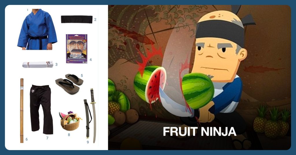Blue Karate Top, Martial Arts Headband, White Karate Belt and Old Man Eyebrows and Mustache beside Fruit Ninja