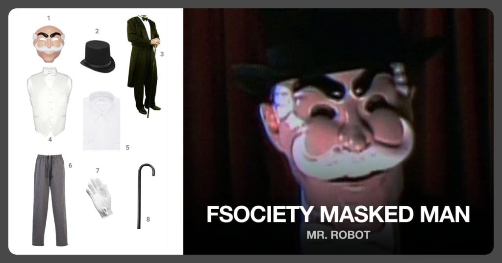 Mr. Robot Mask, Black Magician Butler Formal Costume Top Hat and Formalities Tuxedo Jacket beside FSociety Masked Man