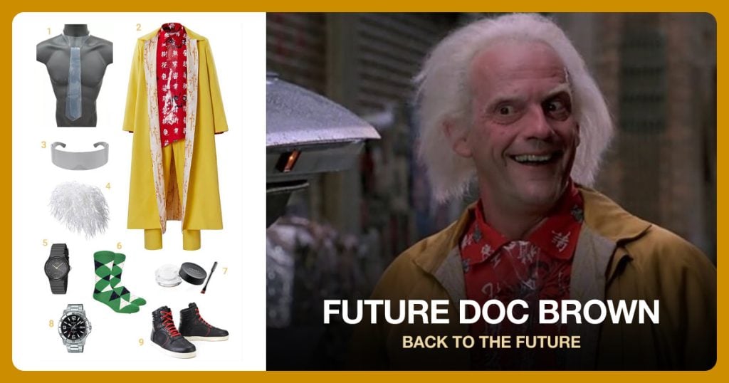 Transparent Tie, Men’s Doctor Yellow Coat Costume, Futuristic Visor Sunglasses and White Mad Scientist Wig beside Future Doc Brown