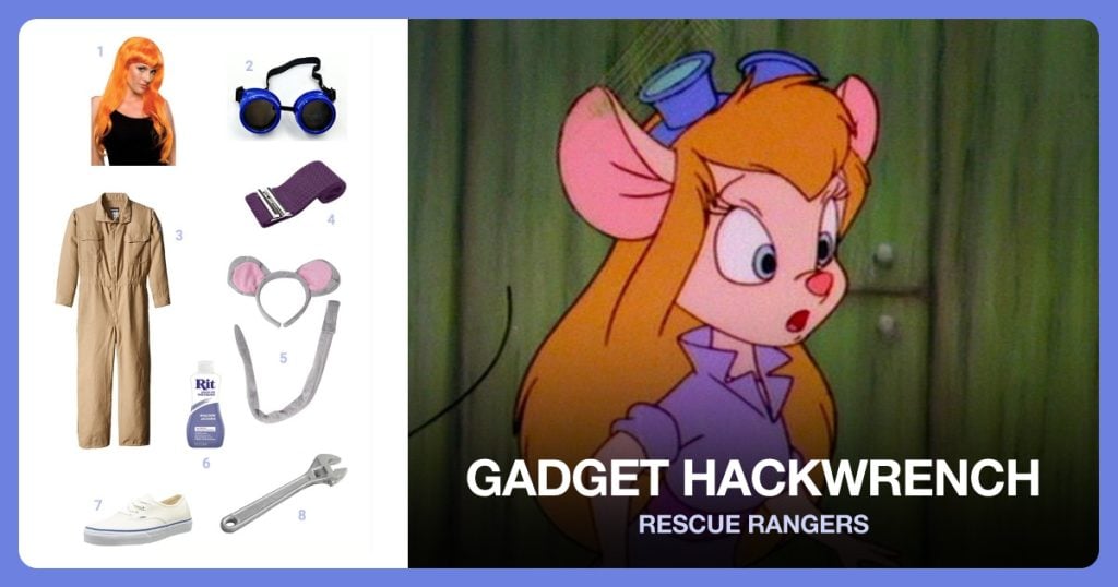 Orange Hair Wig, Blue Welding Goggles, Work Coveralls and Purple Waist Belt beside Gadget Hackwrench