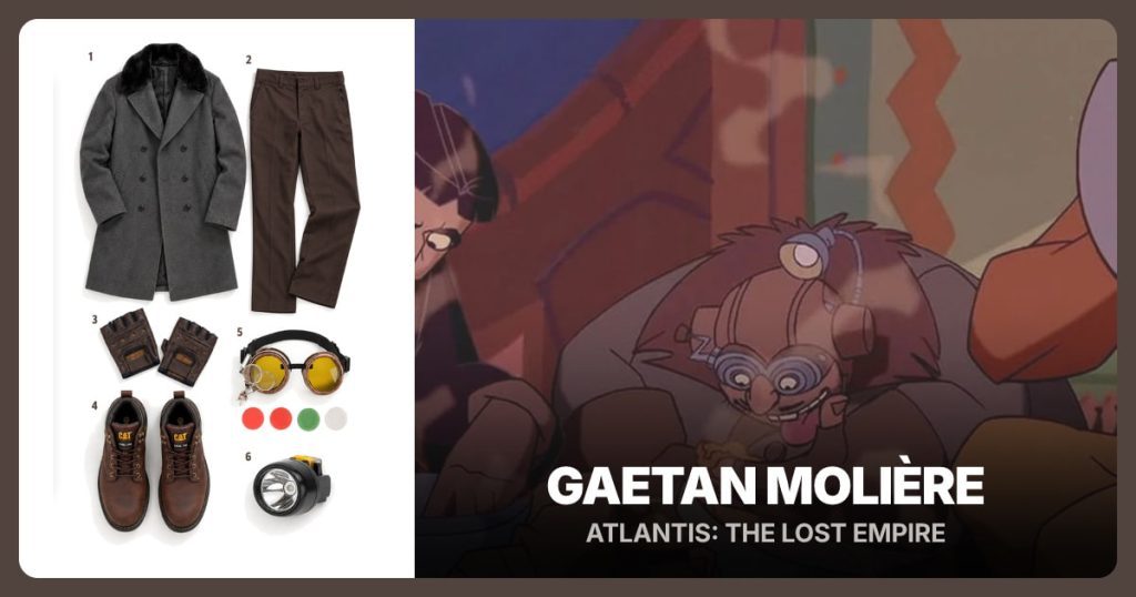 Dark Grey Double-Breasted Overcoat, Dark Brown Work Trousers, Brown Fingerless Gloves and Dark Brown Work Boots beside Gaetan Molière