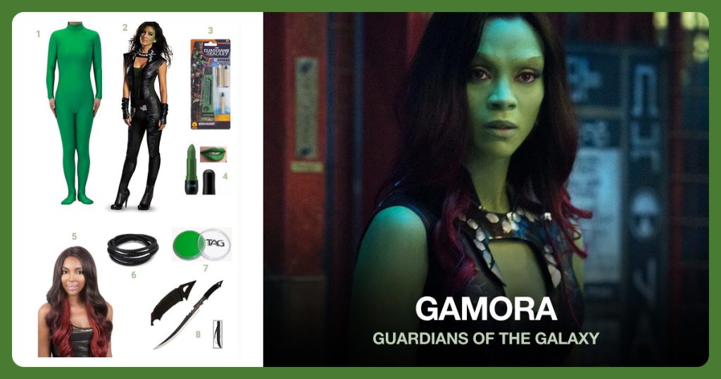 Spandex Zentai Catsuit, Gamora Costume, Make Up Kit and Green Lipstick beside Gamora