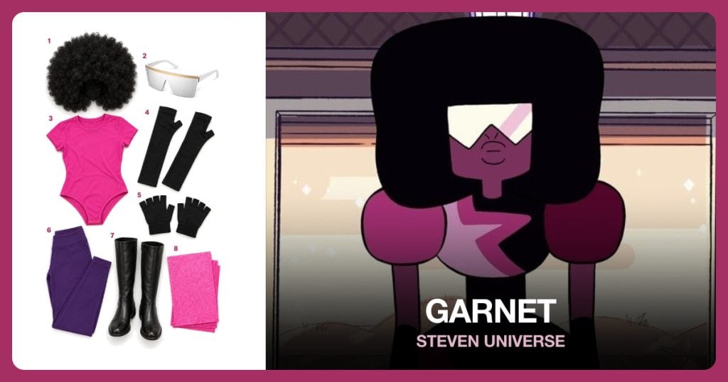 Black Afro Wig, White Mirrored Visor, Magenta Bodysuit and Black Arm Warmers beside Garnet