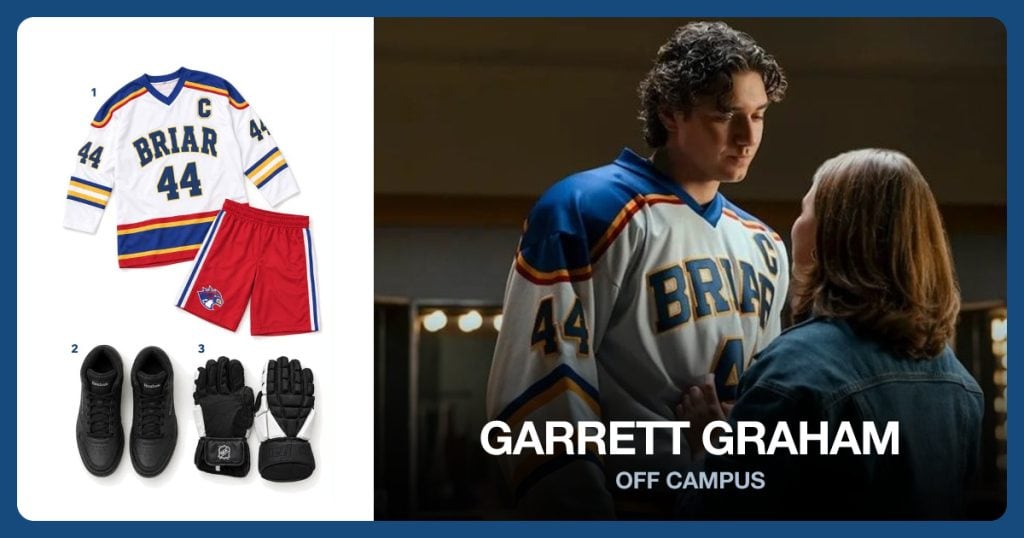 Briar University Hockey Costume, Black High Top Sneakers and Black Street Hockey Gloves beside Garrett Graham