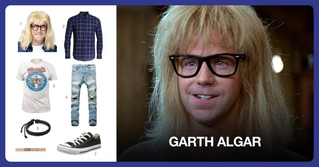 Garth Algar Wig and Glasses, Purple Plaid Shirt, Aerosmith Shirt and Jeans with Knee Holes beside Garth Algar