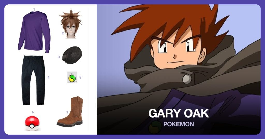 Purple Long Sleeve Shirt, Brown Hair Wig, Black Leather Straps and Blue Pants beside Gary Oak