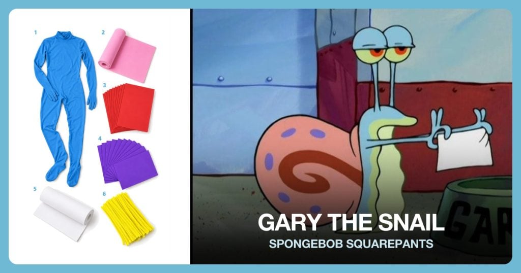 Light Blue Zentai Bodysuit, Pink Cosplay EVA Foam Roll, Red EVA Foam Sheets and Purple EVA Foam Sheets beside Gary the Snail
