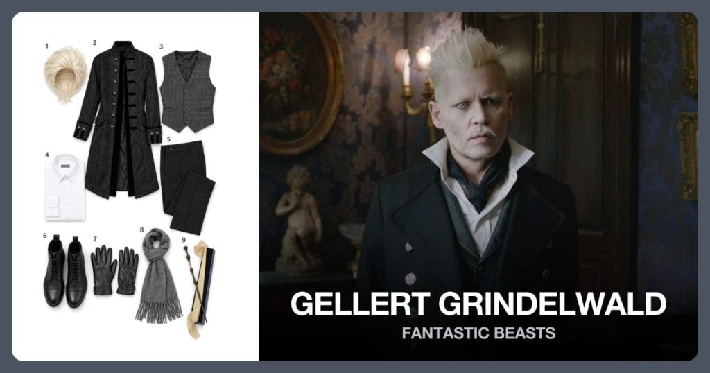 Platinum Blonde Wig, Black Victorian Frock Coat, Charcoal Suit Vest and White Dress Shirt beside Gellert Grindelwald