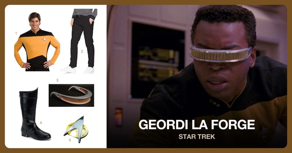Star Trek Shirt, Black Pants, Star Trek Visor and Boots beside Geordi La Forge