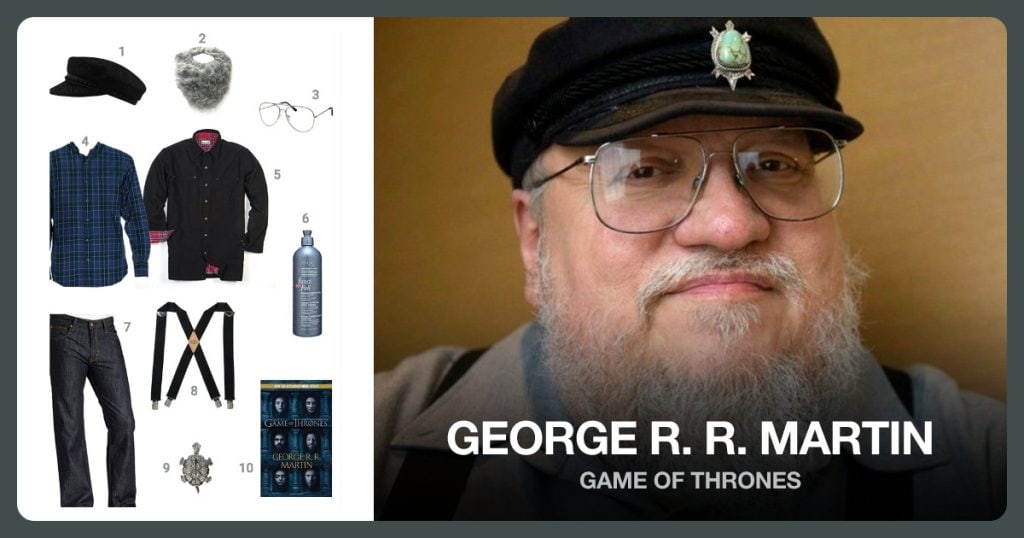 Wool Blend Fisherman’s Cap, Gray Beard, Aviator Eyeglasses and Long Sleeve Plaid Shirt beside George R. R. Martin