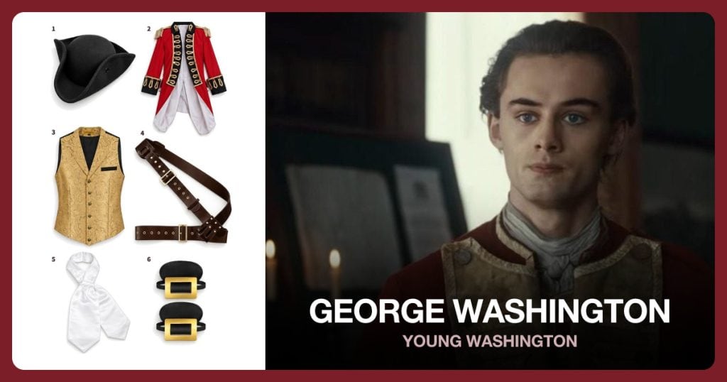 Black Tricorn Hat, Red Officer Tailcoat, Gold Paisley Waistcoat and Pirate Bandolier Belt beside George Washington