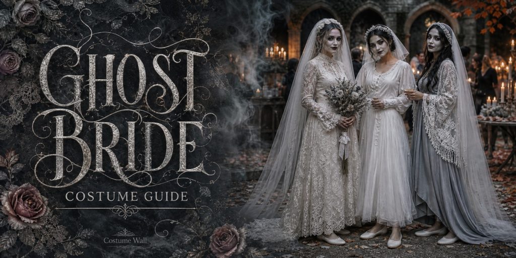 Ivory Lace Gown, White Blouse, Long White Tulle Skirt and Gray Maxi Dress beside Ghost Bride
