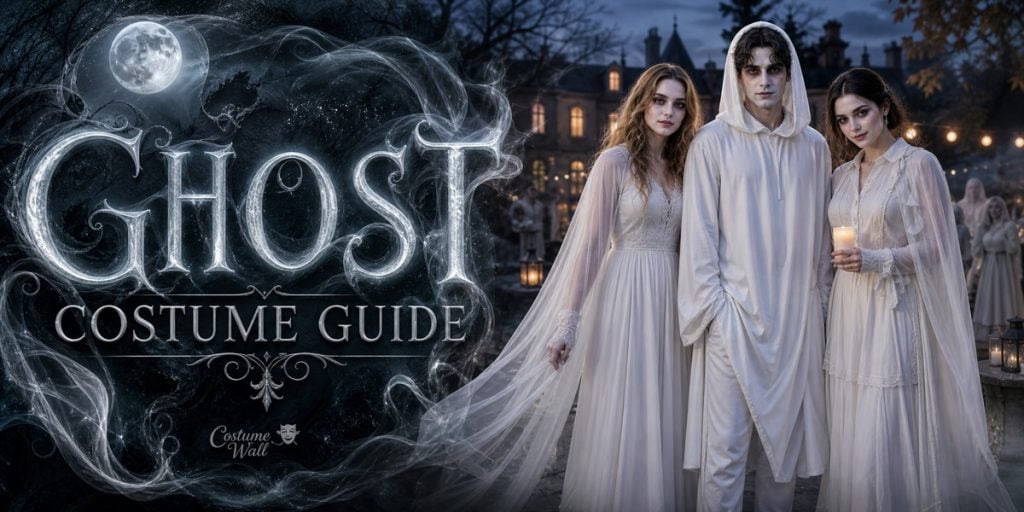 Ivory White Maxi Dress, White Hooded Costume Robe, White Long Sleeve Blouse and White Flowy Maxi Skirt beside Ghost