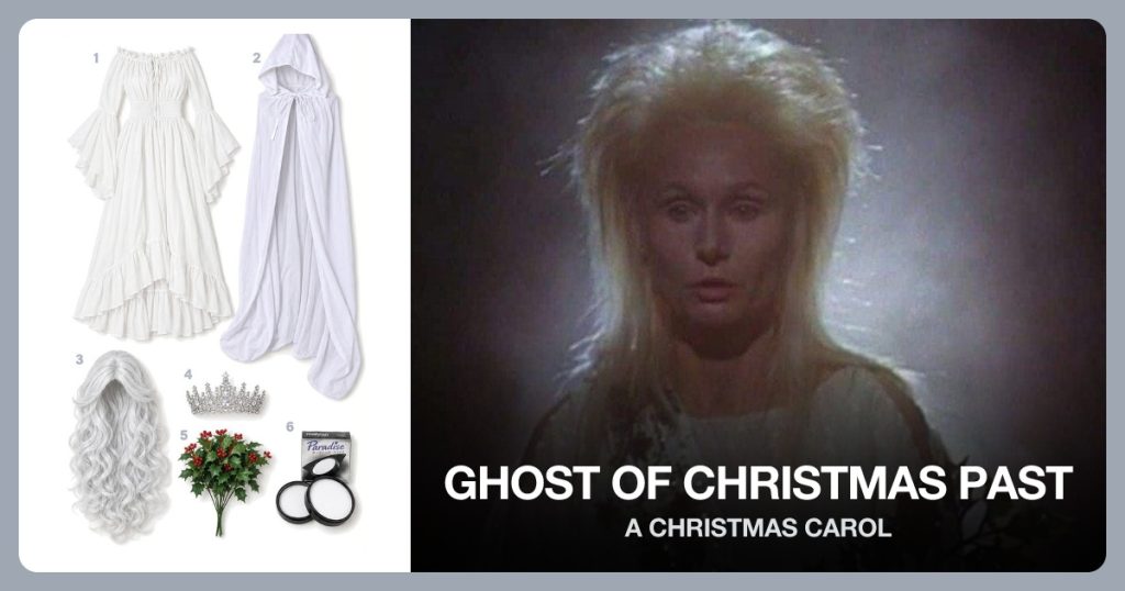 White Renaissance Dress, White Hooded Cloak, Long Gray Wig and Crystal Tiara beside Ghost of Christmas Past