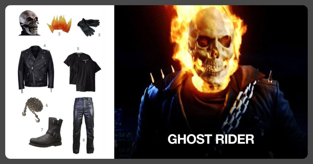 Skull Mask, Burning Hair Wig, Black Leather Gloves and Motorcycle Jacket beside Ghost Rider
