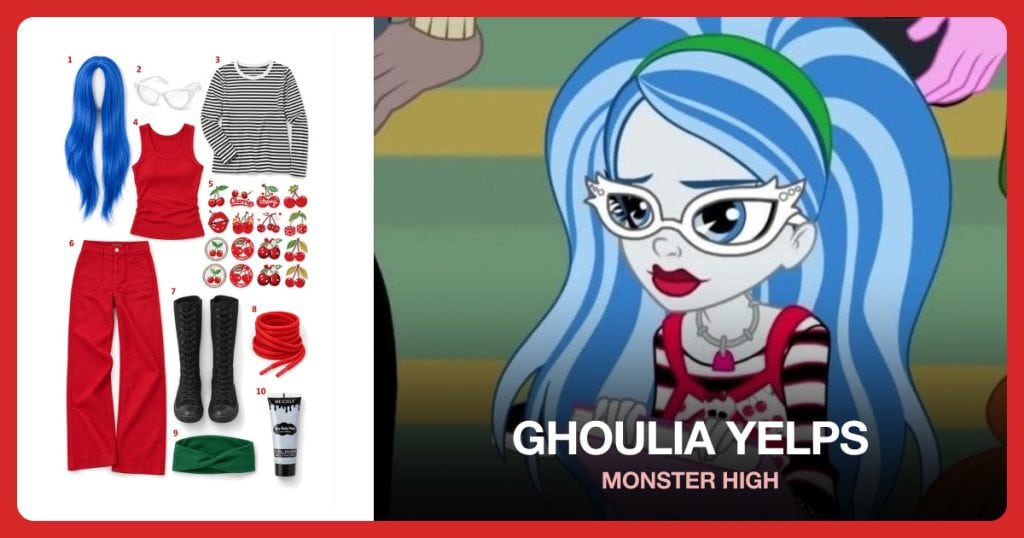 Long Blue Wig, Cat Eye Glasses, Black And White Striped Shirt and Red Ribbed Tank Top beside Ghoulia Yelps