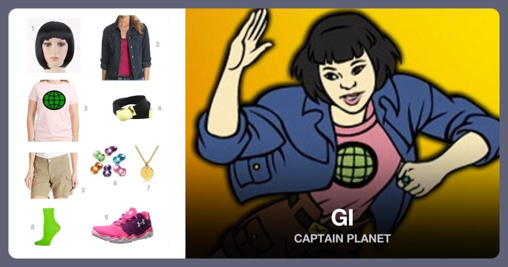 Black Bob Wig, Dickies Denim Stretch Jacket, Planeteer Logo Pink T-Shirt and Canvas Web Belt with Brass Buckle beside Gi