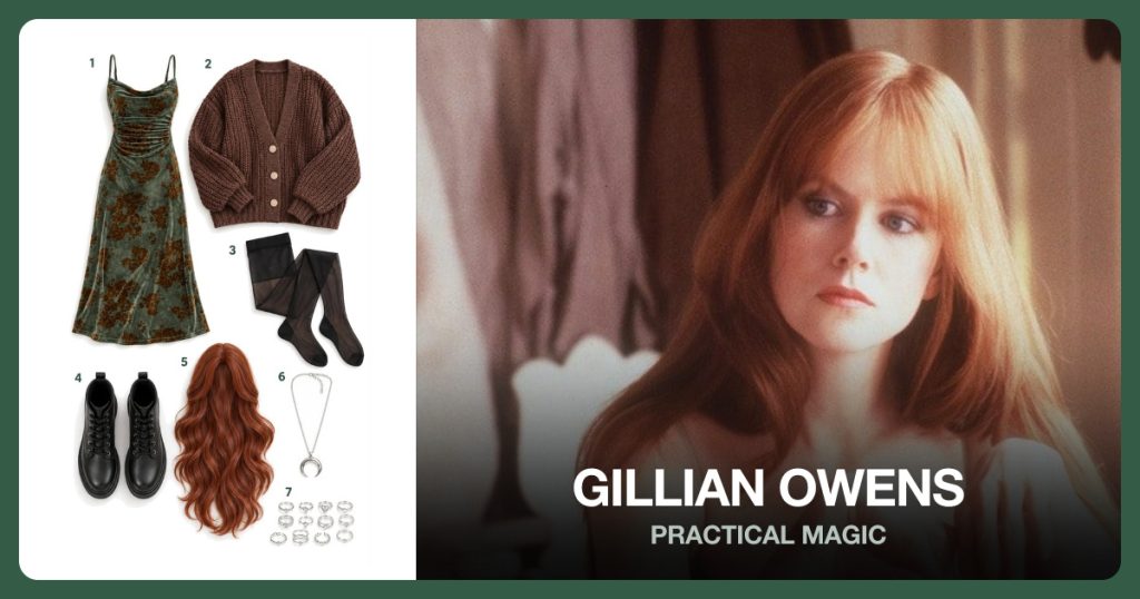 Green Velvet Midi Dress, Brown Chunky Cardigan, Sheer Black Tights and Black Lace-Up Ankle Boots beside Gillian Owens