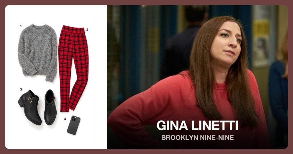 Gray Fuzzy Crew Neck Sweater, Red Black Plaid Pants, Black Ankle Boots and Black Dummy Smartphone beside Gina Linetti