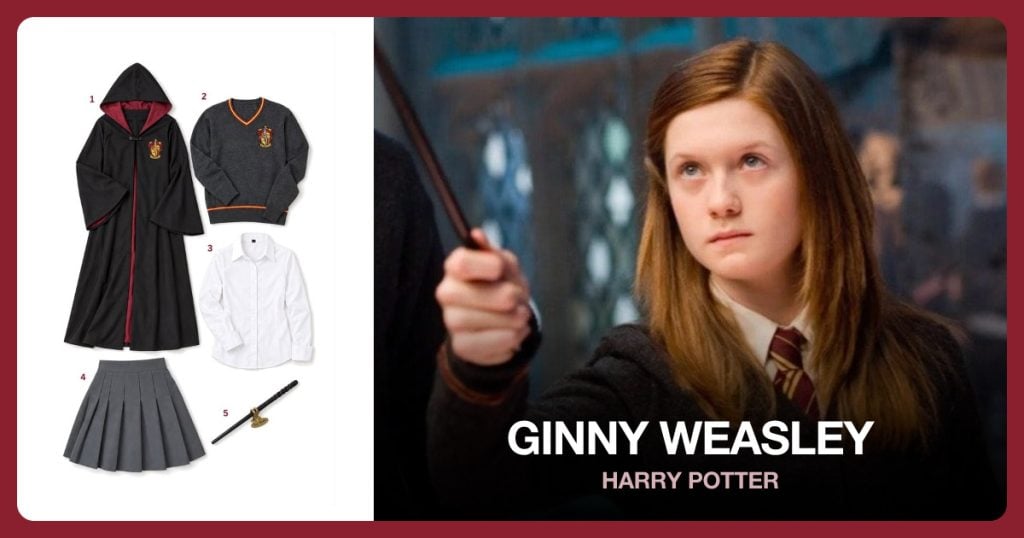 Gryffindor Robe, Gryffindor Sweater, White Collared Shirt and Gray Pleated Skirt beside Ginny Weasley