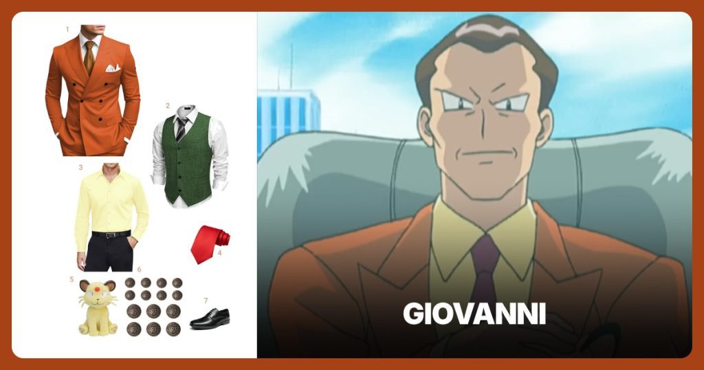 Burnt orange double breasted suit, Green herringbone waistcoat, Pale yellow dress shirt and Solid red silk tie beside Giovanni