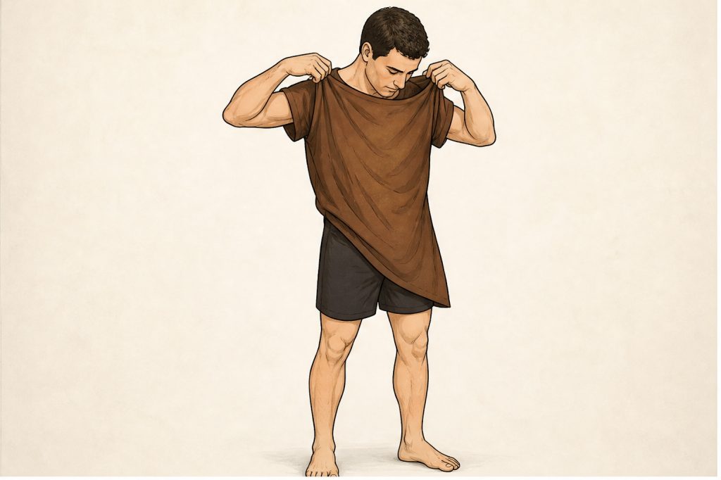 Put on brown tunic and shorts