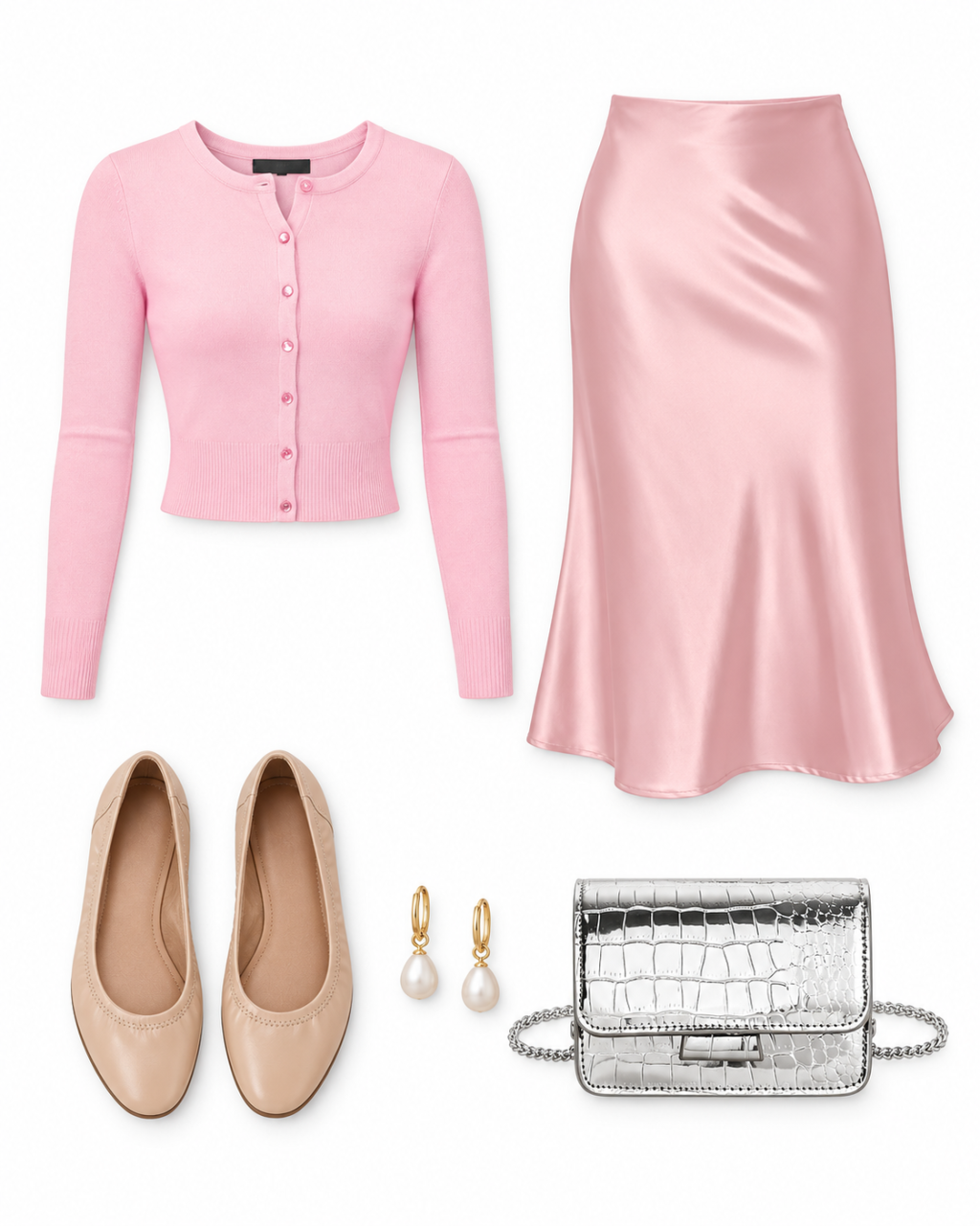 Light-pink cardigan, pink satin midi skirt, blush ballet flats, pearl drop earrings and silver chain crossbody arranged on white.