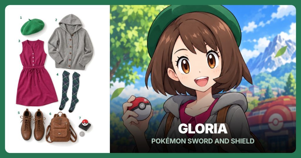 Green Wool Beret, Gray Hooded Cardigan, Fuchsia Button-Front Mini Dress and Green and Navy Plaid Socks beside Gloria